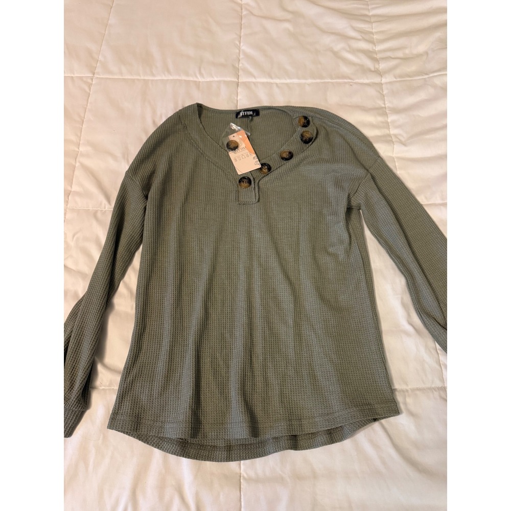 BTFBM Womens Sage Green Waffle Knit Henley Top Long Sleeve V-Neck Small NWT